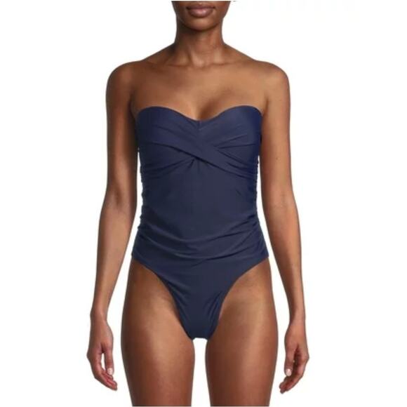 NWT Catherine Malandrino Navy Blue Twisted Ruched Bandeau One Piece Swimsuit 1X - Picture 1 of 7